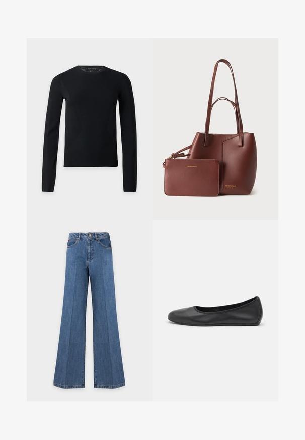 Pull noir à manches longues avec col rond, coupe slim et détails subtils de couture, présenté sur un fond clair uni.; Jeans en denim bleu à jambes larges avec poches avant, passants de ceinture, fermeture à boutons et coutures visibles sur un fond clair uni.; Ballerines en cuir noir avec un bout rond, texture lisse, détails de couture minimalistes et design de semelle flexible.; Sac cabas en cuir marron avec deux bretelles d’épaule et une pochette assortie zippée, tous deux embossés du logo doré Emporio Armani.