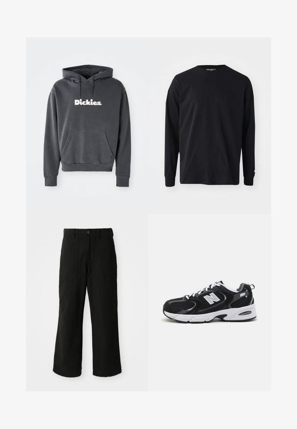 Haut à capuche gris charbon avec une poche kangourou à l'avant, des poignets côtelés et un logo "Dickies." blanc au centre à l'avant, fabriqué en matériau en coton doux.; T-shirt noir à manches longues en coton, avec un col rond et une coupe droite, présentant un petit logo sur la manche.; Pantalons noirs à large jambe en tissu doux, dotés de poches avant et d'une fermeture à bouton à la taille. Design minimaliste sans motifs visibles.; Baskets de sport noires et grises avec un tige en mesh et en suède, présentant une semelle intermédiaire blanche, des lacets et un logo "N" audacieux sur le côté.