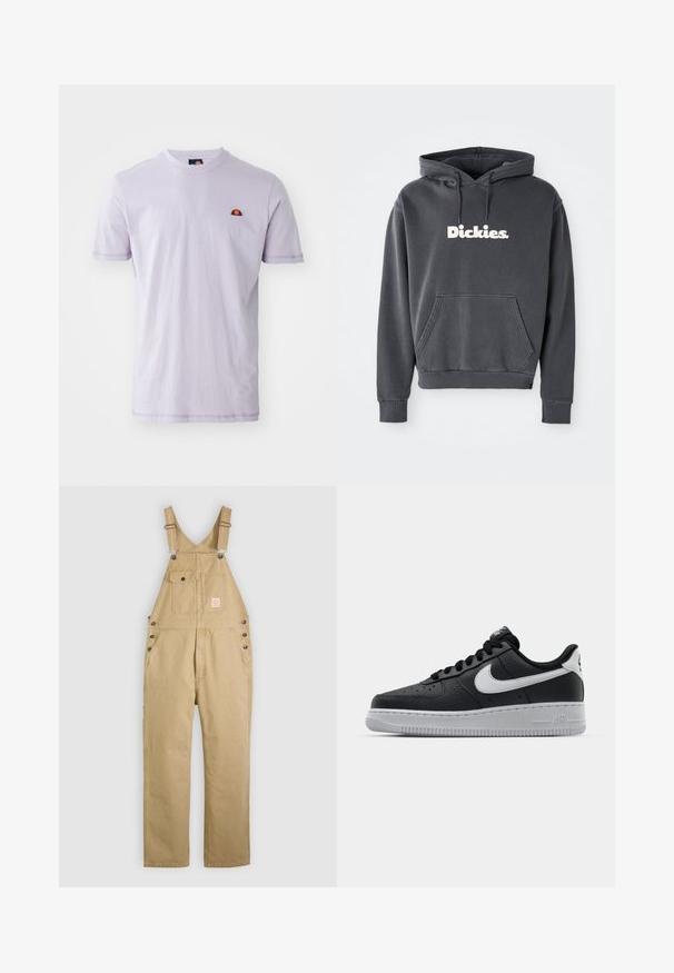 Huppari, jossa on hiiligray väri, etupuolella kenguru-tasku, ribbireunaiset hihat ja valkoinen "Dickies." logo keskellä, valmistettu pehmeästä puuvillamateriaalista.; Vaalean violetti puuvillainen t-paita lyhyillä hihoilla, pyöreällä kaula-aukolle ja pienellä brodeeratulla logolla, jossa on puolikaaren muotoinen kuvio punaisena ja keltaisena.; Beiget työhaalari säädettävillä olkaimilla, edessä rintataskut, joihin kuuluu napillinen läppätasku, sivunapit ja suorat lahkeet.; Musta nahkakengät, joissa on teksturoitu pinta, valkoinen Nike -logo, harmaa pohja, pyöreä kärki ja nauhakiinnitys. Varustettu rei'illä kärkilaatikossa.