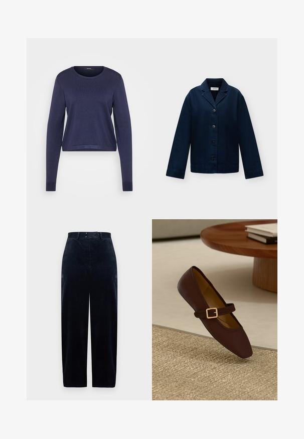 Pull à manches longues bleu marine, col rond, texture côtelée, coupe légèrement courte, et couleur unie sans motifs ni graphismes visibles.; Veste bleu marine boutonnée, manches longues et col cranté, présentée à plat sur un fond clair.; Pantalon en velours côtelé bleu marine avec taille haute, jambes droites et deux poches avant. Doté d'une fermeture par bouton et glissière. Tissu texturé.; Chaussure plate en cuir marron avec un bout pointu et une sangle décorative ornée d'une boucle en or. Fond en texture tissée beige chaud.