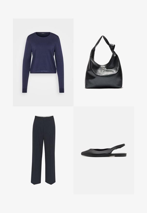 Mørkeblå langærmet sweater, rund halsudskæring, ribbet tekstur, let cropped pasform og ensfarvet uden synlige mønstre eller grafik.; Mørkeblå bukser med hvide lodrette striber, vide ben, glat stof, bælteløkker og en midtersøm foran for et skræddersyet udseende.; Sorte læder slingback sko med spidse tæer, flad hæl og buet udskæringsdesign. Glat overflade og minimalistisk stil.; Sort vævet lædertaske med en afslappet design, der har et knyttet rem og en lille dekorativ guldstud foran.