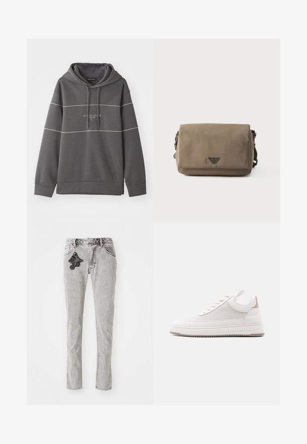 Grå hættetrøje med hvide stribede detaljer, prydet med et broderet logo på brystet. Lavet af blødt, tekstureret stof.; Lys grå lige ben denim jeans med lynlås, fem lommer og en dekorativ sort nøglering som accent foran.; Lavtop hvid sneaker med tekstureret sidepanel, polstret krave, snørelukning foran og "Filling Pieces" branding på kantsålen.; Rektangulær taupe crossbody-taske med klaplukning og lille metal logoemblem centreret på forsiden mod en hvid baggrund.