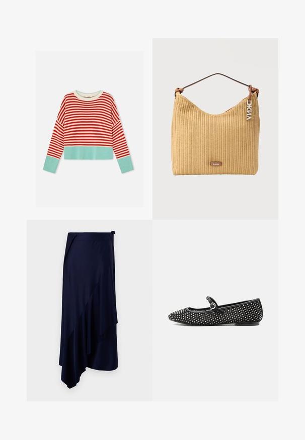 Pull en maille à manches longues avec rayures horizontales rouges et blanches, poignets et ourlet bleu clair, col rond, coupe courte.; Rabanne Jupe crayon - deep navy; Chaussure plate Mary Jane noire avec des clous argentés, une bride à boucle ronde et un bout pointu sur fond blanc.; Sac d'épaule tissé jaune avec une sangle en cuir marron, orné d'un charm et d'une étiquette DKNY sur le devant.