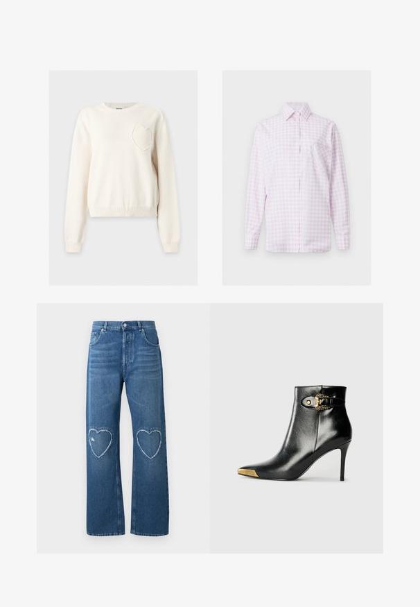 Pull en tricot couleur crème avec manches longues et un détail cœur en relief sur la partie gauche de la poitrine.; Chemise à manches longues à carreaux rose clair et blanc, boutonnée sur le devant, avec col pointu et poche en forme de cœur cousue sur la poitrine gauche.; Jean en denim bleu à jambes larges, taille haute, avec des patchs en forme de cœur effilochés sur les deux genoux, bouton et poches à l'avant.; Bottine noire en cuir brillant, avec un bout pointu, un talon aiguille, et des accessoires dorés ornés d'une boucle décorative.