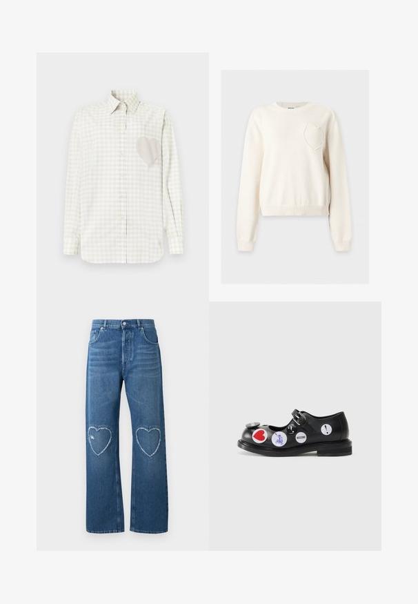 Pull en tricot couleur crème avec manches longues et un détail cœur en relief sur la partie gauche de la poitrine.; Chemise à manches longues boutonnée avec un motif à carreaux beige et blanc, présentant un grand cœur texturé sur la poitrine gauche.; Jean en denim bleu à jambes larges, taille haute, avec des patchs en forme de cœur effilochés sur les deux genoux, bouton et poches à l'avant.; Chaussure Mary Jane en cuir noir avec une sangle et une boucle, ornée de divers autocollants ronds aux accents rouges, bleus et blancs. Design à semelle plate.
