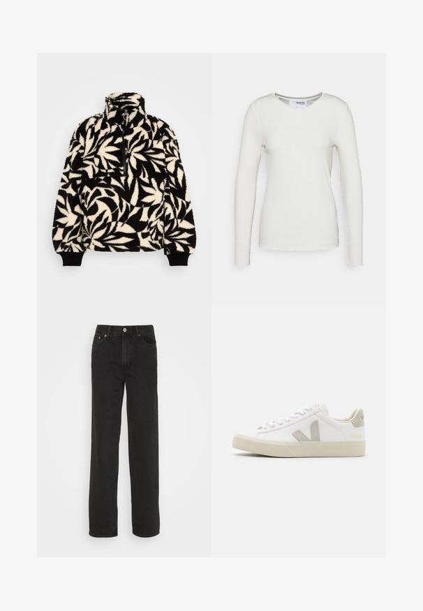 Sort og creme fleece-pullover med høj krave, halvlukning og et bladmønster. Ærmemanchetterne har sorte elastiske bånd for en tætsiddende pasform.; Langærmet hvid ribbet top med rund halsudskæring, der har rå kantdetaljer og en tætsiddende silhuet. Fremstillet af blødt stof.; Sorte lige jeans med fem lommer, forknap og bæltesløjfer, præsenteret mod en hvid baggrund.; Hvide sneakers lavet af læder med grå V-logo detaljer, struktureret gummisål, hvide snørebånd samt polstret tunge og krave.