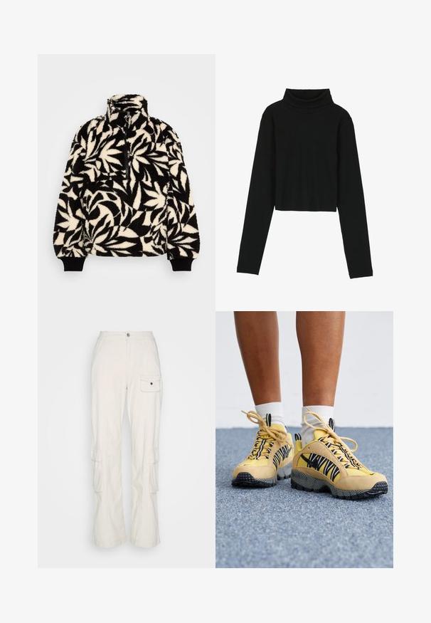Sort og creme fleece-pullover med høj krave, halvlukning og et bladmønster. Ærmemanchetterne har sorte elastiske bånd for en tætsiddende pasform.; Even&Odd by Zalando Langærmet T-shirt - black; Cotton On HAYDEN PANT - Cargobukser - dove grey; Gule ruskinds- og mesh-sneakers med sorte og hvide stribede detaljer, strukturerede såler og snørebåndsdesign. Hvide sokker synlige over anklen.
