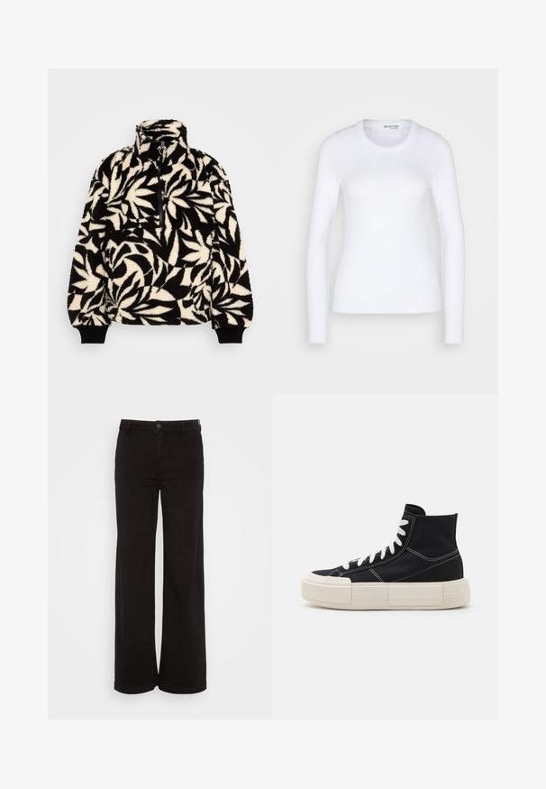 Sort og creme fleece-pullover med høj krave, halvlukning og et bladmønster. Ærmemanchetterne har sorte elastiske bånd for en tætsiddende pasform.; Selected SLFDIANNA O NECK - Langærmet T-shirt - bright white; American Eagle BAGGY WIDE LEG - Wide leg - black wash; Sorte kanvas høj-top sneakers med hvide snørebånd, tyk creme sål, kontrasterende syninger og en rund tådesign.