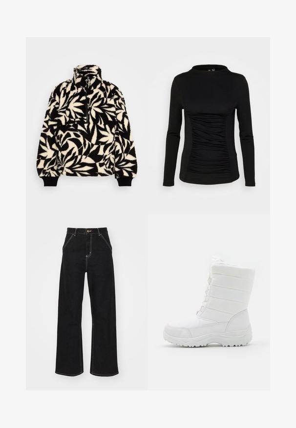 Sort og creme fleece-pullover med høj krave, halvlukning og et bladmønster. Ærmemanchetterne har sorte elastiske bånd for en tætsiddende pasform.; Pieces PCMAXA MOCK NECK - Langærmet T-shirt - black; Svarte jeans med vide ben lavet af denim. Har kontrastfuld hvid syning, forlommer og en knaplukning i taljen.; Hvide vandtætte vinterstøvler med en polstret overdel, tekstureret design, justerbare snørebånd og en robust gummisål for godt fæste.