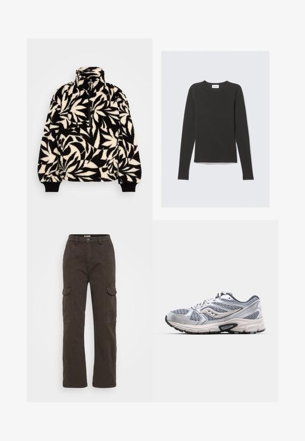 Pull en polaire noir et crème avec un col haut, une demi-fermeture éclair et un motif de feuilles. Les poignets ont des bandes élastiques noires pour un ajustement confortable.; T-shirt noir à manches longues avec col rond et coupe ajustée, posé à plat sur un fond gris clair.; Pantalons cargo marron foncé avec des jambes droites, deux poches latérales, coutures visibles et une fermeture à bouton à l'avant. Fabriqués en tissu durable.; Bottine de course argentée avec tige en mesh, semelle rembourrée et accents gris. Dotée d'un bout arrondi et d'un design à lacets. Logo de la marque visible.