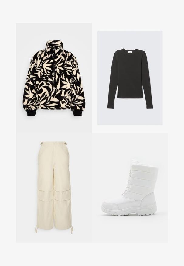 Pull en polaire noir et crème avec un col haut, une demi-fermeture éclair et un motif de feuilles. Les poignets ont des bandes élastiques noires pour un ajustement confortable.; T-shirt noir à manches longues avec col rond et coupe ajustée, posé à plat sur un fond gris clair.; WRSTBHVR ZERA PANTS EGGSHELL WOMEN - Pantalon classique - off white; Bottes d'hiver blanches imperméables avec un dessus rembourré, un design texturé, des lacets réglables et une semelle en caoutchouc robuste pour une meilleure traction.