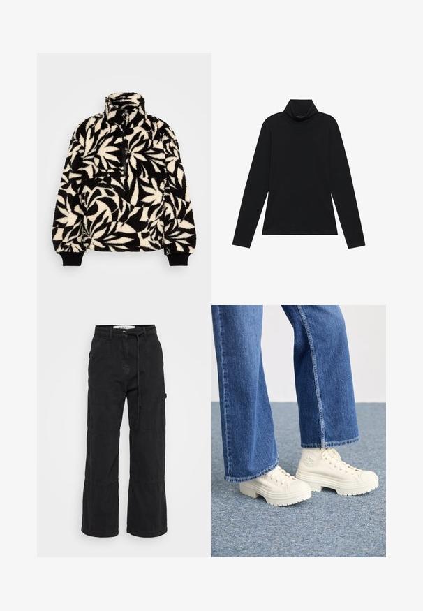 Sudadera de forro polar negra y crema con un cuello alto, media cremallera y un patrón de hojas. Los puños tienen bandas elásticas negras para un ajuste ceñido.; Sudadera negra de manga larga con cuello alto. Tejido suave, diseño ajustado, cuello alto y costuras laterales. Estilo sencillo y versátil, adecuado para combinar en capas.; Pantalones anchos negros de algodón con un acabado texturizado. Con cinturón en la cintura y costuras en las rodillas para mayor detalle.; Zapatillas deportivas blancas de caña alta con suelas gruesas y estriadas, y detalle de logo circular, combinadas con jeans de mezclilla de pierna ancha en azul claro.