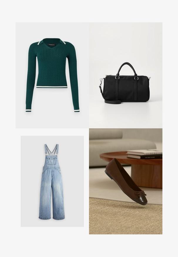 Mørkegrøn kabelstrikket langærmet sweater med V-hals, polokrave og hvide stribedetaljer på krave, manchetter og kant.; Lyseblå denim overalls med brede ben, justerbare skulderstropper, frontlomme og metalbuttons på siderne. Klassisk stil med en afslappet pasform.; Brun balletflat med sløjfedetalje og tekstureret tåhætte, placeret nær et rundt træ-sofabord med stabler af bøger i en moderne stue.; Sort nylon håndtaske med to top håndtag, aftagelig skulderrem, lynlås lukning og subtil tekstur. Enkel, rektangulær design.