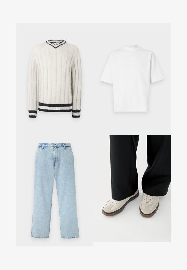 Witte gebreide trui met verticale ribbels, V-hals en zwarte strepenaccenten op de kraag, manchetten en zoom. Zachte structuur.; Eenvoudig wit oversized T-shirt met korte mouwen en een hoge ronde hals op een witte achtergrond.; Lichtblauwe denim jeans met rechte pijpen en hoge taille, voorzien van voorzakken, riemlussen, knoop- en ritssluiting.; Voeten met beige sneakers met bruine zolen en zwarte wijde broekspijpen op een witte achtergrond.
