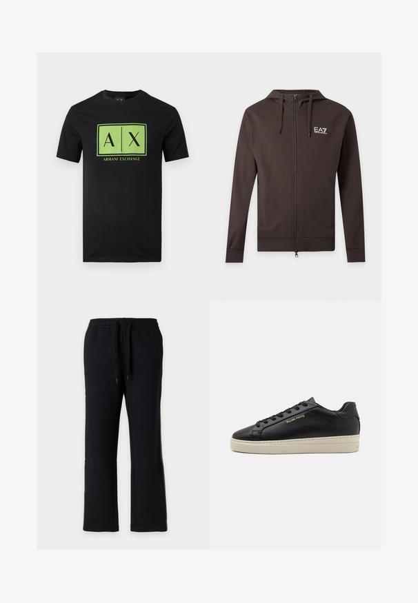 Sweat à capuche zippé marron foncé avec cordons et logo blanc EA7 Emporio Armani sur la poitrine gauche, présenté sur un fond clair uni.; T-shirt noir à manches courtes avec un logo rectangulaire vert comportant les textes "A|X" et "Armani Exchange" centrés sur le devant.; Pantalon de jogging noir à coupe droite avec taille élastique et cordons noirs, présenté sur un fond gris clair uni.; Sneaker en cuir noir avec une finition lisse, semelle crème contrastante, bout arrondi, logo doré sur le côté et six œillets pour les lacets.