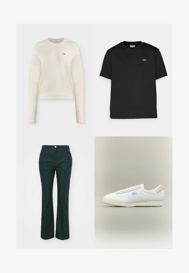 Off-white, langarmige gebreide trui met ronde hals en klein groen Lacoste krokodillenlogo op de linkerborst.; Zwart katoenen t-shirt met een ronde halslijn, korte mouwen en een klein groen geborduurd logo op de linkerborst. Eenvoudig ontwerp.; Groene, uitlopende broeken gemaakt van een gladde, gestructureerde stof. Voorzien van een sluiting met een knoop aan de voorkant, ceintuurlussen en twee zijzakken.; Witte leren sneaker met een beige suède accent. Kenmerken zijn een ronde neus, platte veters en een gestructureerde zool. Lacoste-logo aan de zijkant.
