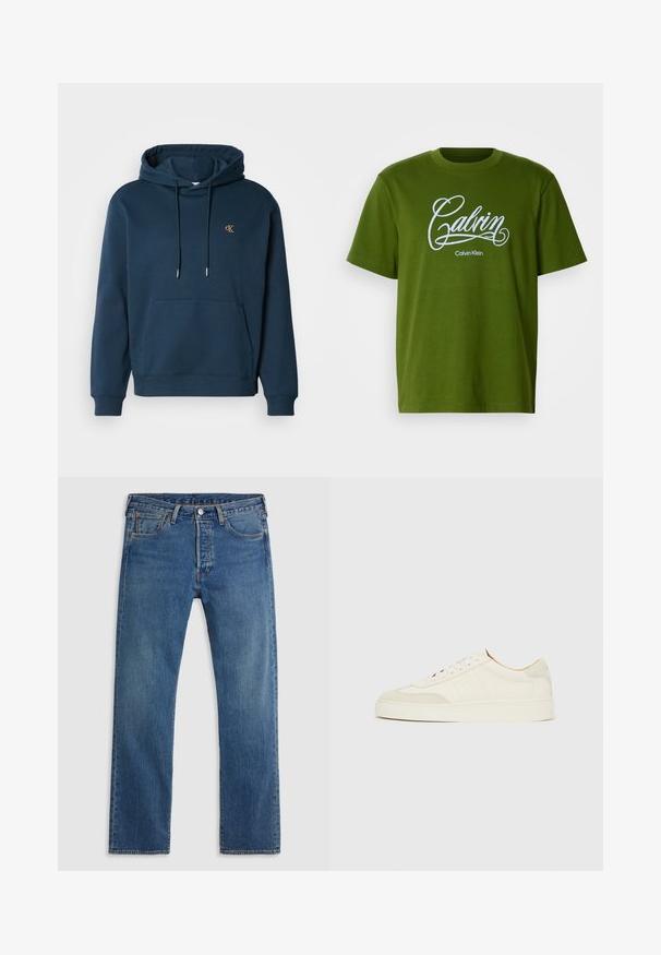 Mørkeblå hættetrøje lavet af en bomuldsblanding, har en frontlomme, ribbede manchetter og et lille guldlogo på brystet. Blød tekstur.; Grøn T-shirt med korte ærmer, prydet med hvid "Calvin" skrift og "Calvin Klein" tekst centralt placeret foran på en ensfarvet baggrund.; Blå straight-leg denimjeans med fem lommer, bæltestropper og lukning med knap og lynlås foran på en ensfarvet baggrund.; Hvide ruskinds-sneakers med en glat finish, rund tå, fladt snøresystem og kontrasterende teksturerede detaljer. Indeholder et diskret logo.