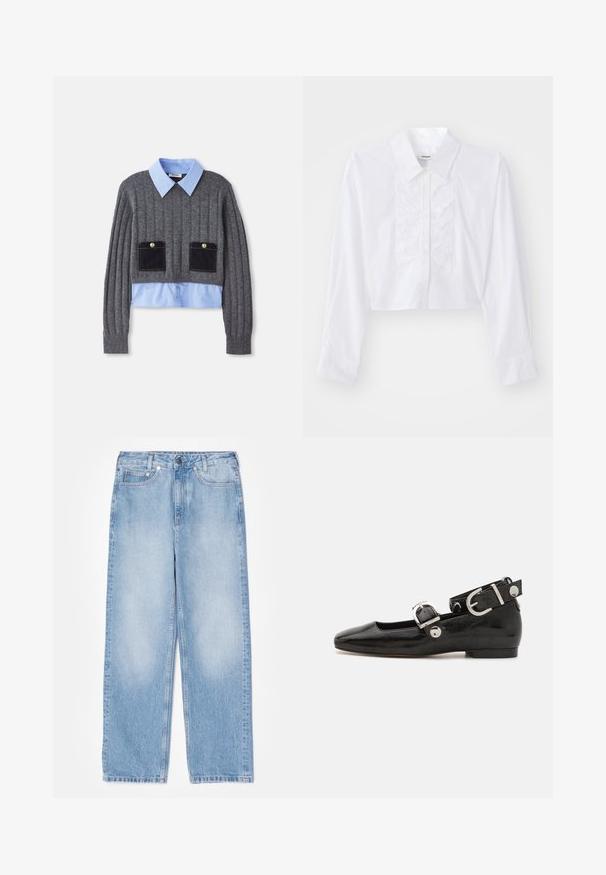 Un pull gris côtelé avec une chemise à col bleu clair en dessous, comportant deux poches avant avec des accents bleu foncé et des détails de boutons.; Chemise blanche raccourcie en coton lisse, avec un détail froncé sur le devant, un col pointu, et des manches longues avec des poignets boutonnés.; sandro Jean droit - bleu jean; Ballerine en cuir verni noir avec un bout carré, sangle de cheville avec des détails en métal argenté et semelle plate. Texture lisse avec un design minimaliste.