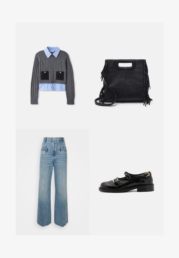 Un pull gris côtelé avec une chemise à col bleu clair en dessous, comportant deux poches avant avec des accents bleu foncé et des détails de boutons.; sandro Jean boyfriend - bleu jean; Chaussures en cuir noir avec détails de brogue, dotées de deux sangles à boucle, d'un bout arrondi et d'un talon bas. Texture lisse avec finition brillante.; Sac à main en cuir noir avec un design structuré, une poignée supérieure et des franges. Il dispose d'une bandoulière amovible pour plus de polyvalence.