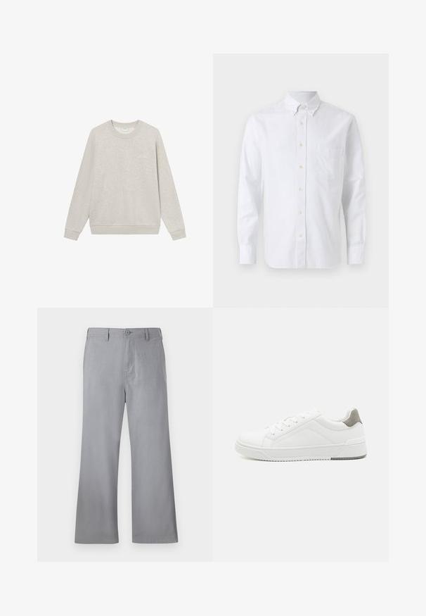 Lys grå sweatshirt med ribbet rund hals, lange ærmer og en lige kant. Har subtilt broderet branding på brystet.; Hvid langærmet skjorte med knapper foran, knaplukket krave og en enkelt brystlomme, vist på en ensfarvet baggrund.; Grå brede bukser lavet af blødt stof, med knaplukning foran, bæltestropper og et enkelt design uden synlige mønstre eller accenter.; Hvid sneaker lavet af glat læder, rund tå, minimalistisk design, grå hælafsats og tekstureret gummisål.
