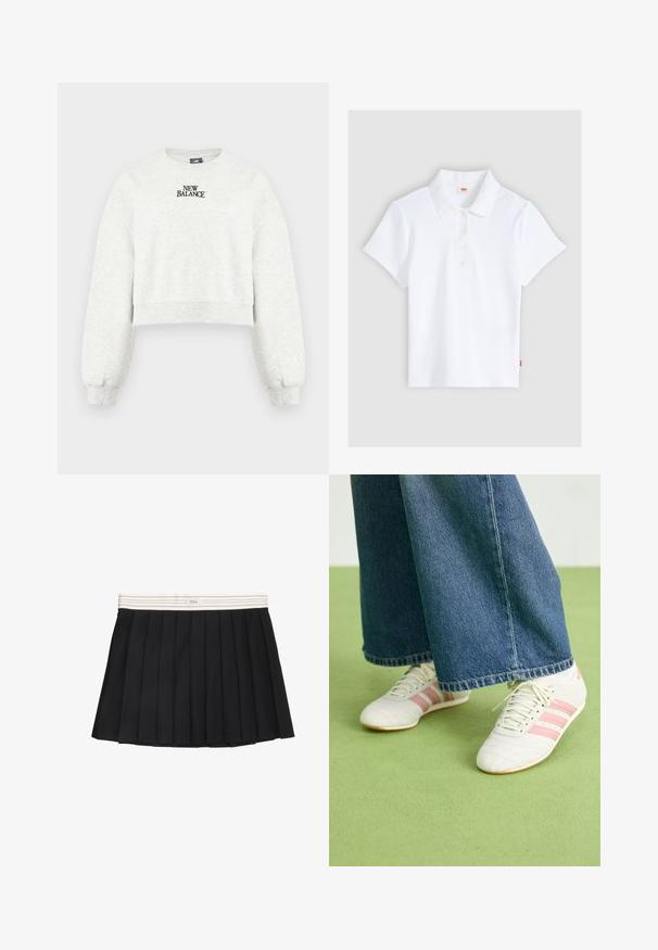 Hellgrauer, geschnittener Sweatshirt mit langen Ärmeln und schwarzem "New Balance"-Logo in der Mitte der Brust.; Weißes kurzärmliges, geripptes Poloshirt mit Kragen und vier Knöpfen, flach auf einem hellgrauen Hintergrund liegend.; Schwarzer plissierter Rock mit einem gestreiften Saum in Weiß. Hergestellt aus glattem Stoff, zeichnet er sich durch klare Plisseefalten und ein Logotag an der Vorderseite des Saums aus.; Weiße Sportschuhe mit pinken Streifen, strukturiertes Leder und flache Gummisohle, kombiniert mit weiten Jeanshose auf einem grünen Boden.