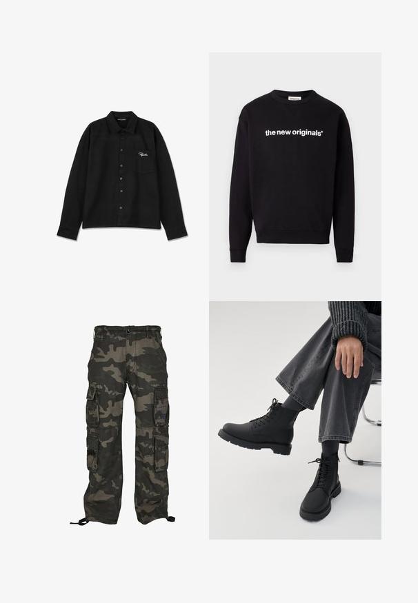 Schwarzes Sweatshirt aus weichem Stoff mit Rundhalsausschnitt und gerippten Bündchen. Auf der Vorderseite steht der Text "the new originals®" in Weiß.; Schwarzes Langarmshirt aus Stoff, mit Kragen, Knopfleiste, einer Brusttasche und aufgesticktem Logo in Weiß auf der Tasche.; Tarnfarbene Cargo-Hosen in Dunkelgrün und Grau, ausgestattet mit mehreren Seitentaschen, einem Knopfverschluss und verstellbaren Knöchel-Zugbändern.; Person sitzt mit übergeschlagenen Beinen, trägt schwarze Schnürstiefel, dunkle Socken, graue weite Hosen und einen gerippten dunklen Pullover vor weißem Hintergrund.