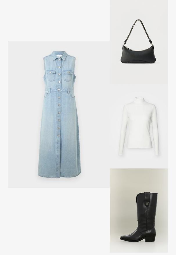 Hvid ribbet turtleneck blouse med lange ærmer, lavet af elastisk stof. Har et tætsiddende design og høj hals for god dækning.; Jeans ærmeløs kjole, lys blå, med knaplukning foran, to brystlommer, indsnævret talje og en lang, lige snit nederdel.; Høj sort læder cowboystøvle med spids tå, kraftig hæl og trækstrop med lille gyldent logo.; Sort skuldertaske i læder med en buet rektangulær form, gyldent kæde vævet ind i en flettet sort rem og toplynlås.