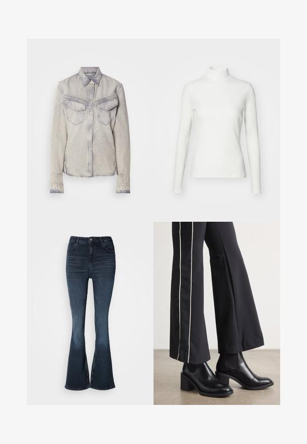 Weißes geripptes Turtleneck-Oberteil mit langen Ärmeln, aus elastischem Stoff. Verfügt über ein enganliegendes Design und einen hohen Kragen für zusätzlichen Schutz.; Hellblaues Denim-Hemd mit spitzem Kragen, zwei Brusttaschen und Knopfverschluss. Mit kontrastierender Naht und fransigem Saum.; Dunkelblaue Jeans im Bootcut-Stil mit hoher Taille, Knopfverschluss, Vordertaschen und subtilen Ausbleichungen an Oberschenkeln und Knien.; Schwarze Lederstiefeletten mit einem Blockabsatz, ausgestattet mit elastischen seitlichen Einsätzen. Kombiniert mit schwarzen Hosen, die einen weißen Seitenstreifen haben.