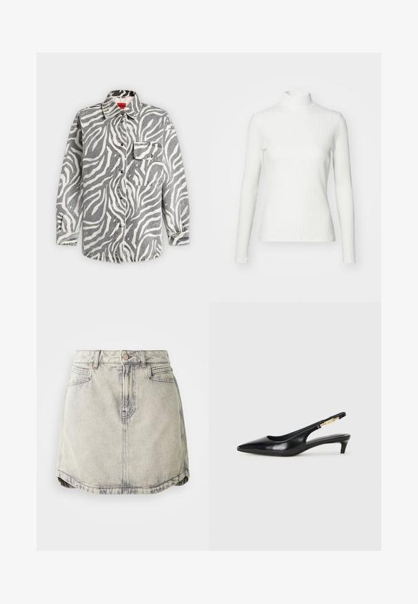 Haut col roulé blanc à côtes avec des manches longues, fabriqué en tissu extensible. Présente un design ajusté et un encolure haute pour plus de couverture.; Chemise à manches longues boutonnée avec imprimé zèbre gris et blanc, col pointu et poche avant à rabat sur fond uni.; Jupe en denim gris clair avec une texture délavée, dotée d'une taille à boutons, de poches avant et d'une ourlet légèrement courbé.; Talons hauts en cuir noir avec un bout pointu, dotés d'un talon fin et d'un accent en ton or sur la lanière réglable. Texture lisse.