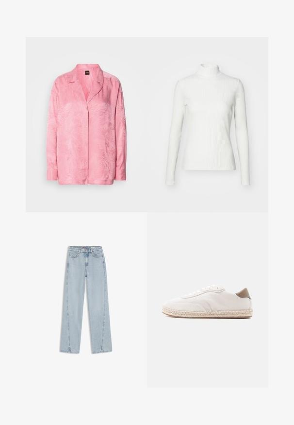 Hvid ribbet turtleneck blouse med lange ærmer, lavet af elastisk stof. Har et tætsiddende design og høj hals for god dækning.; Lyserød skjorte med knaplukning, der har et subtilt palmebladsmønster. Fremstillet af et glat stof med en afslappet pasform og klassisk krave-design.; Lyseblå højtaljede straight-leg denim jeans med forlommer, bæltestropper, knaplukning og små slidser i bunden af benene.; Hvid sneakers med øverste del i ruskind, beige accenter og en sål vævet af jute. Har flade snørebånd og et side logo med mærke.