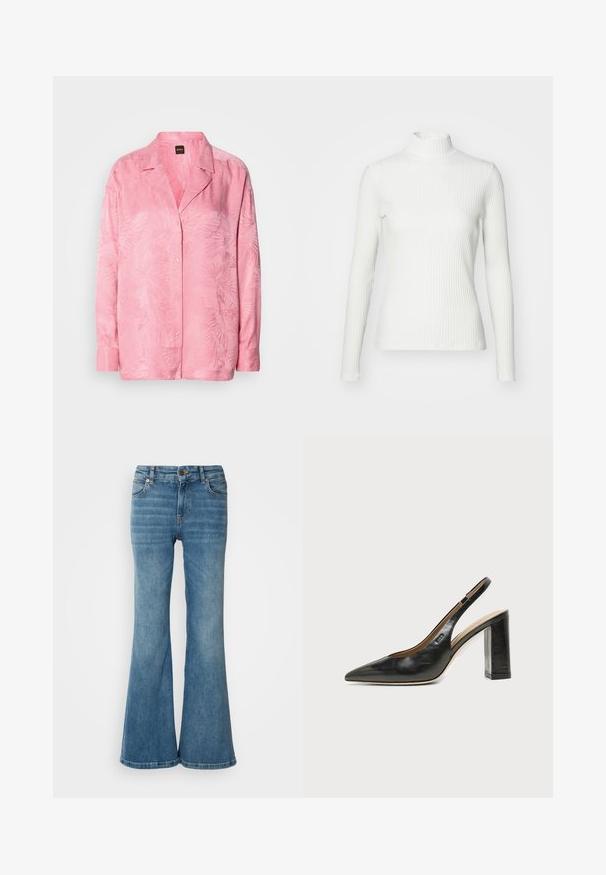 Top de cuello alto blanco con canalé y mangas largas, fabricado en una tela elástica. Presenta un diseño ajustado y un escote alto para mayor cobertura.; Camisa de botones de color rosa claro con un sutil patrón de hojas de palma. Hecha de una tela suave con un corte relajado y diseño de cuello clásico.; Vaqueros de mezclilla de color azul claro, acampanados, que cuentan con cinco bolsillos, costuras visibles y un cierre de botón y cremallera en la cintura.; Zapato slingback de piel negra con puntera puntiaguda, tacón alto y ancho, y forro interior beige sobre un fondo claro y liso.