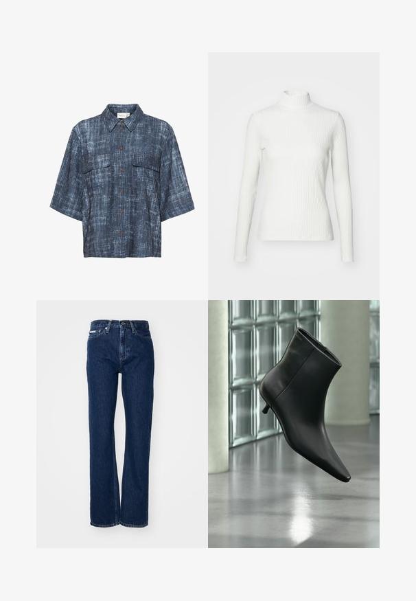 Top de cuello alto blanco con canalé y mangas largas, fabricado en una tela elástica. Presenta un diseño ajustado y un escote alto para mayor cobertura.; Gestuz DEMIA - Blusa - dark blue; Vaqueros de mezclilla azul oscuro con piernas rectas, cierre de botón y cinco bolsillos. La tela tiene una ligera textura con sutiles detalles en la costura.; Botín negro de cuero con punta puntiaguda y tacón bajo estilo kitten, mostrado en ángulo sobre un suelo pulido y con una pared de bloques de vidrio de fondo.