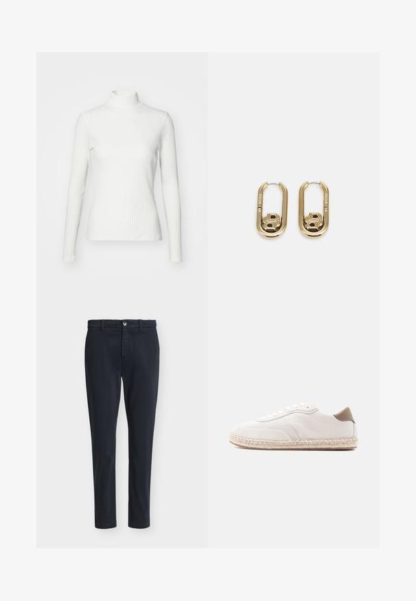 Hvid ribbet turtleneck blouse med lange ærmer, lavet af elastisk stof. Har et tætsiddende design og høj hals for god dækning.; Mørkeblå mænds slim-fit afslappede bukser med knaplukning og bæltestropper, vist på en ensfarvet lysegrå baggrund.; Hvid sneakers med øverste del i ruskind, beige accenter og en sål vævet af jute. Har flade snørebånd og et side logo med mærke.; BOSS DOUBLE B SWING - Øreringe - gold-coloured
