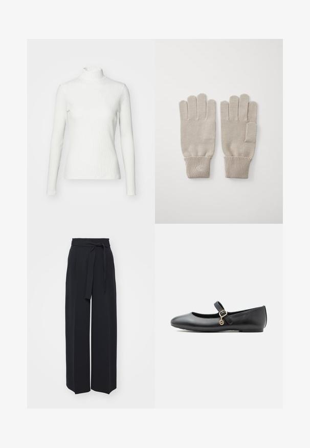 Weißes geripptes Turtleneck-Oberteil mit langen Ärmeln, aus elastischem Stoff. Verfügt über ein enganliegendes Design und einen hohen Kragen für zusätzlichen Schutz.; Schwarze weite Hosen aus weichem Stoff. Mit einem Gürteltäfelchen und vorderen Falten. Glatte Textur mit einem klaren, modernen Design.; Schwarzer Mary Jane Ballerina aus Leder mit einer kleinen goldenen Schnalle und einem runden Anhänger vor weißem Hintergrund.; Beige Strickhandschuhe mit gerippten Bündchen, fünf Finger Design und einem kleinen Akzent am Handgelenk. Weicher Stoff, geeignet für kaltes Wetter.