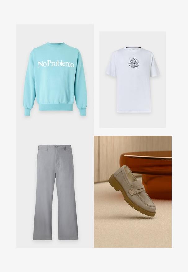 Hele sinine crewneck-pusak valge tekstiga „No Problemo“ ees keskel, pikad varrukad ning soonikkoes varruka- ja alumise äärega.; Valge lühikeste varrukatega T-särk, millel on must kolmnurkne disain, mille keskel on kõikvõttev silm ja rinnal kiirguvad jooned.; Hallid hallid püksid, mis on valmistatud pehmest kangast, esitavad ees nööbi kinnituse, vöökohaga silmusid ja puhta disaini, millel ei ole nähtavaid mustreid ega aksessuaare.; Hele halli seemisnahast kingamokk, millel on jämeda pruuni kummist tald, asetatud beežile vaibale, ees uduse pruuni ümmarguse laua ees.