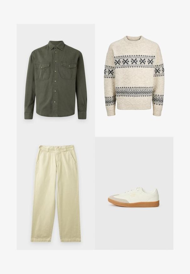 Jersey de punto beige con patrones geométricos en gris oscuro en el pecho, las mangas y la parte baja del torso, con cuello redondo y puños acanalados.; Camisa de manga larga color caqui hecha de algodón. Presenta un cierre de botones en la parte delantera, dos bolsillos en el pecho con solapas y un cuello clásico. Diseño sencillo.; Pantalones de algodón beige con un corte relajado, que cuentan con bolsillos laterales, presillas para cinturón y piernas rectas. Textura suave con detalles mínimos de costura.; Zapatilla de cuero blanca con puntera beige y suela de goma marrón claro. Presenta cordones planos blancos y una marca en relieve en el lateral.