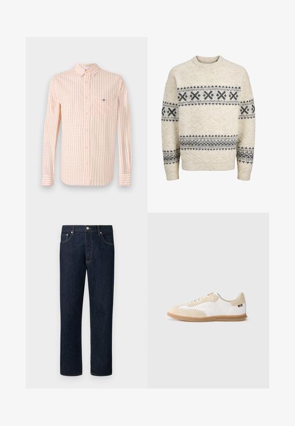 Beige strikket sweater med mørkegrå geometriske mønstre over brystet, ærmer og nederste del af overkroppen, med rund halsudskæring og ribstrikkede manchetter.; Lys orange og hvid ternet stofskjorte med lange ærmer, knap-ned krave og brystlomme. Har et diskret logo på lommen.; Mørkeblå jeans med lige ben, orange syning, frontknap og fem-lomme-design på en ensartet lys baggrund.; Hvid sneaker med lysebeige ruskindsdetaljer, perforeret detaljering, flade snørebånd og sål i gummigummi. Indeholder stribet branding på hælen.
