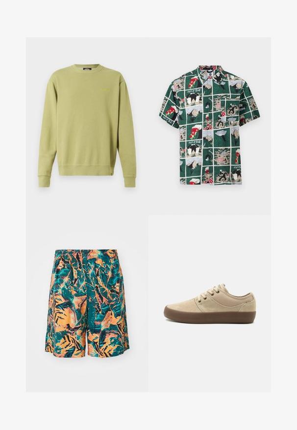 Zelená mikina s okrúhlym výstrihom vyrobená z bavlneného zmesi, s rebrovanými manžetami a lemom. Na hrudi je jemné žlté logo značky. Hladký povrch.; Košeľa s krátkym rukávom na gombíky so zeleným vzorom komiksového pruhu zobrazujúcim kreslené postavy, kúsky pizze, hory a piknikové scény.; Plavky s oranžovým, tyrkysovým a čiernym vzorom jungle listov, vyrobené z ľahkého materiálu s elastickým pásom pre pohodlie.; Béžové nízke tenisky so zvrškom zo zamatovej kože a látky, hnedou gumovou podrážkou a béžovými šnúrkami.