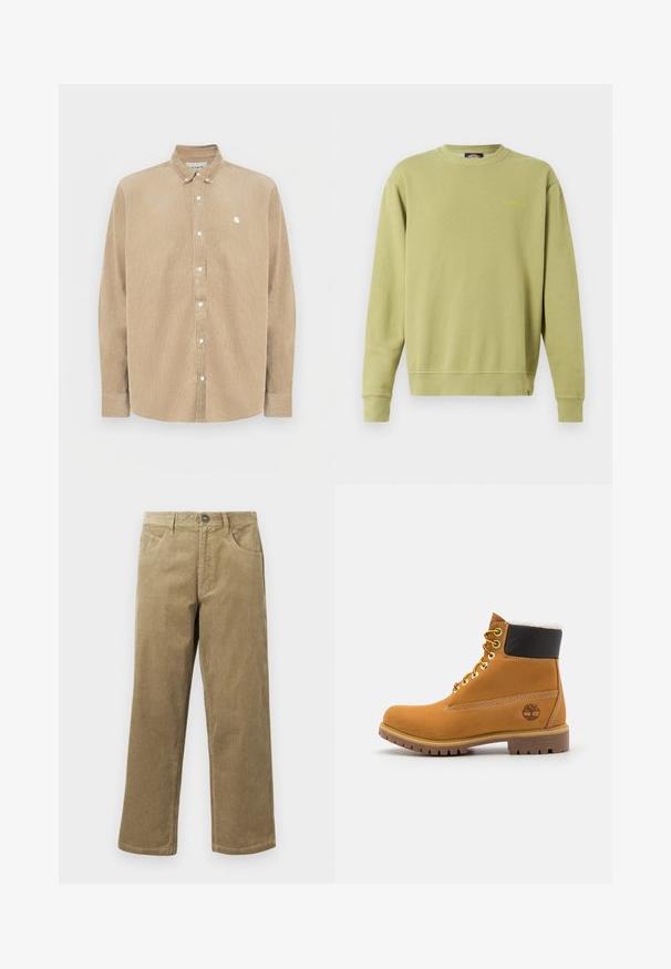Green crewneck sweatshirt made of cotton blend, featuring ribbed cuffs and hem. Subtle yellow brand logo on the chest. Smooth texture.; Beige corduroy button-up shirt with a collar, white buttons, and a small logo on the left chest. Features long sleeves and a straight cut.; Corduroy pants in light brown, featuring a straight leg design, five pockets, and a button closure. Textured fabric with subtle ribbing.; Brown leather ankle boot with metal eyelets, white fur lining, black padded collar, rugged sole, and embossed logo on the side.