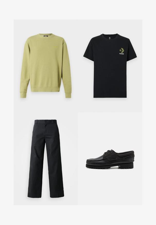 Sudadera verde de cuello redondo hecha de una mezcla de algodón, con puños y dobladillo acanalados. Sutil logo de la marca en amarillo en el pecho. Textura suave.; Camiseta de algodón negra con mangas cortas y cuello redondo. Presenta un gráfico de hoja verde y el texto "Converse" en el pecho.; Pantalones de pierna ancha negros hechos de algodón. Cuenta con cierre de botón, lazos para cinturón y bolsillos laterales. Textura suave con un corte ajustado.; Zapato negro con parte superior de cuero, acentos de textil, cordones redondos y suela de goma texturizada. Presenta costura de mocasín y detalle de marca.