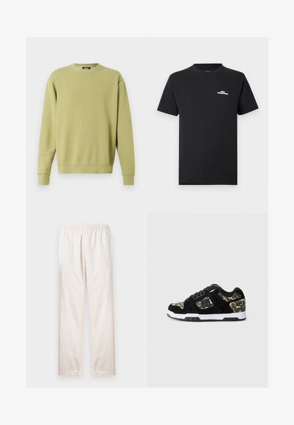 Grøn crewneck sweatshirt lavet af bomuldsblanding, med ribbede mansjetter og kant. Subtilt gult mærkelogo på brystet. Glat tekstur.; Sort bomulds-T-shirt med rund hals, korte ærmer og en hvid "OBEY WORLDWIDE"-logo trykt på brystet.; Lyse beige bukser med elastisk talje, lige ben og glat bomuldsstruktur. Enkel, ubesmykket stil.; Sort ruskinds sneaker med camomønster på siden, hvid mellemsål og sort gummisål. Har snørebånd og logo-detalje på siden.