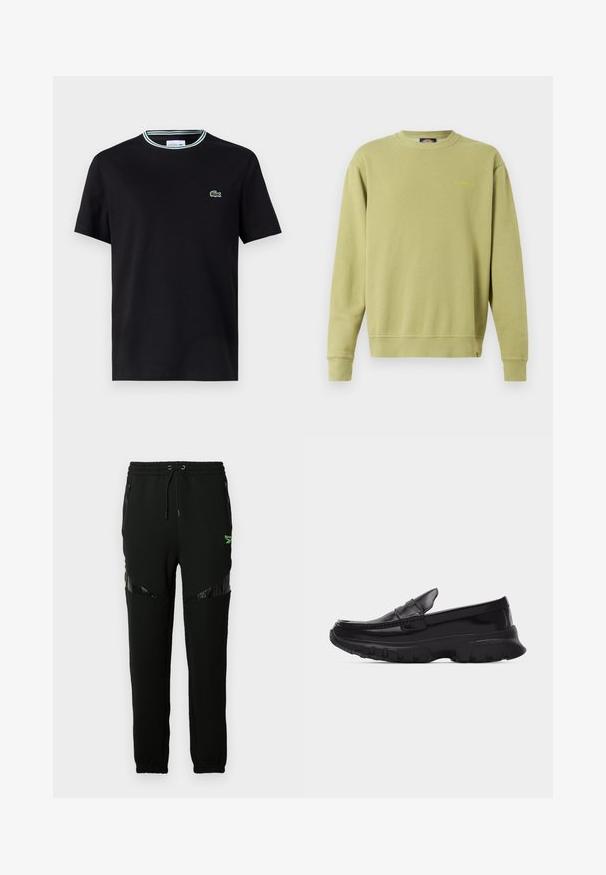 Groene crewneck sweatshirts gemaakt van een katoenmix, met geribde mouwen en onderrand. Subtiel geel merklogo op de borst. Zachte textuur.; Zwarte katoenen t-shirt met ronde hals, voorzien van een witte en groene gestreepte afwerking en een geborduurd groen krokodillenlogo op de linkerborst.; Zwarte sweatpants met een trekkoord in de taille, zijzakken met rits en glanzende zwarte stofaccenten op de onderbenen. Groene logodetail nabij de heup.; Zwarte glanzende loafer met dikke, getextureerde zool en gestikte details, zijaanzicht op een effen lichtgrijze achtergrond.