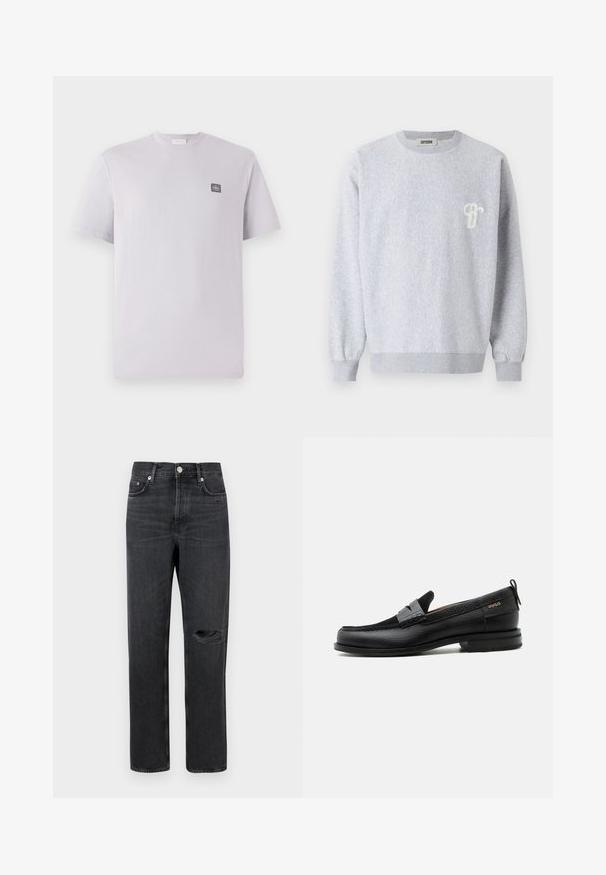 DRYKORN NIELO - Sweatshirt - grey; Lys lavendelfarvet kortærmet t-shirt lavet af bomuld med rund hals og et lille mørkt logo-patch på venstre bryst. Glat tekstur.; Sorte denim jeans med lige ben, der har et revnet knæ, fem-lomme design og metalbeslag ved taljen og lommerne.; Sort læderloafer med grå remdetalje, lav hæl og tekstureret sål, mærket med "HUGO" i guld på siden.
