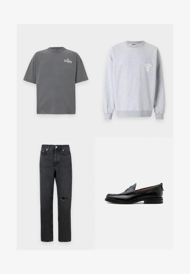 DRYKORN NIELO - Sweatshirt - grey; Dunkelgraues T-Shirt mit kurzen Ärmeln und Rundhalsausschnitt mit kleinem weißen "ALLSAINTS"-Logo auf der oberen linken Brust.; Schwarze Denim-Jeans mit geradem Bein, featuring ein zerrissenes Knie, Fünf-Taschen-Design und Metallbeschläge an der Taille und den Taschen.; Schwarzer Leder-Herrenschuh mit Mokassinnaht, Penny-Riemen, strukturiertem Kragen und niedrigem gestapeltem Absatz auf weißem Hintergrund.