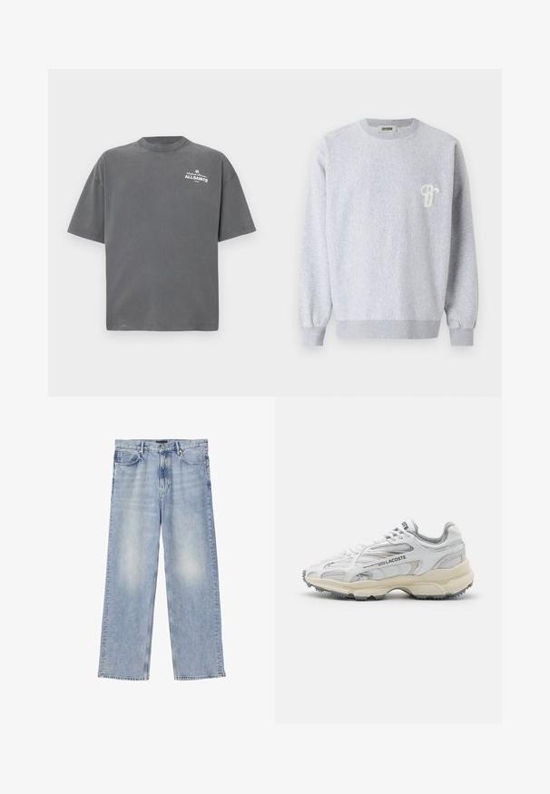 DRYKORN NIELO - Sudadera - grey; Camiseta de manga corta de color gris oscuro con cuello redondo y pequeño logo blanco "ALLSAINTS" en la parte superior izquierda del pecho.; Vaqueros de mezclilla de pierna recta en azul claro con cinco bolsillos, trabillas para cinturón y cierre de botón.; Zapatillas deportivas blancas con detalles en gris, parte superior de malla y sintético, diseño de cordones, y suela de goma texturizada con patrones de tracción.