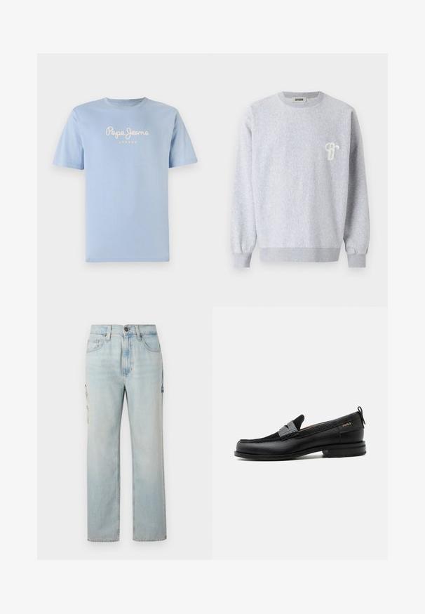 DRYKORN NIELO - Sweatshirt - grey; Lyseblå bomulds t-shirt med rund halsudskæring og korte ærmer. Den viser "Pepe Jeans London" i hvid skriveskrift hen over brystet.; Lyseblå denim cargo jeans med lige ben, to sidelommer og knaplukning. Subtil falming giver et tekstureret look.; Sort læderloafer med grå remdetalje, lav hæl og tekstureret sål, mærket med "HUGO" i guld på siden.
