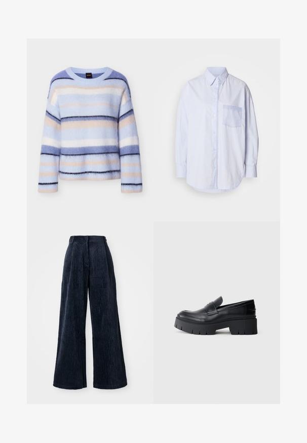 Suéter a rayas en azul claro, rosa pálido y azul marino. Textura suave y esponjosa con cuello redondo y puños acanalados. Ligero y de ajuste relajado.; Camisa azul claro de botones con mangas largas, cuello estándar y un bolsillo en el pecho izquierdo con un tejido de acento azul más claro.; Pantalones de pana de pierna ancha en azul marino oscuro. Presentan una textura de ribetes verticales y una cinturilla alta, ofreciendo un ajuste estructurado y holgado.; Mocasín negro con plataforma gruesa, parte superior de cuero suave, tira decorativa y suela gruesa texturizada sobre fondo blanco.