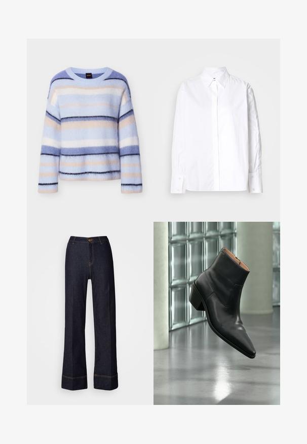 Stribet sweater i lyseblå, sart rosa og marineblå. Blød, fluffy tekstur med rund hals og ribbet kant ved ærmerne. Letvægt og afslappet pasform.; Hvid skjorte med klassisk krave, lange ærmer og manchetter. Fremstillet af glat stof, den har en midt foran placket.; Mørke denim brede bukser med høj talje, der har en frontknaplukning og orange syninger. Glat tekstur hele vejen igennem.; Sort læderankelstøvle med spids tå og blokhæl, der svæver over en reflekterende grå gulv nær en væg af glasblokke.