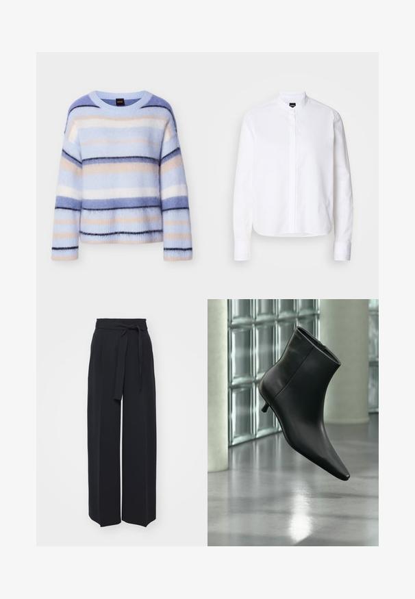Stribet sweater i lyseblå, sart rosa og marineblå. Blød, fluffy tekstur med rund hals og ribbet kant ved ærmerne. Letvægt og afslappet pasform.; Hvid skjorte med krave, front placket, lange ærmer og knapmanchetter. Lavet af glat bomuldsstof med en struktureret pasform.; Vide sorte bukser lavet af blød stof. Har en bælteholdbar talje og frontfolder. Glat tekstur med et rent, moderne design.; Sort læderankelstøvle med spids tå og lav kitten-hæ, vist vinklet mod en poleret gulv- og glasblokvæg.