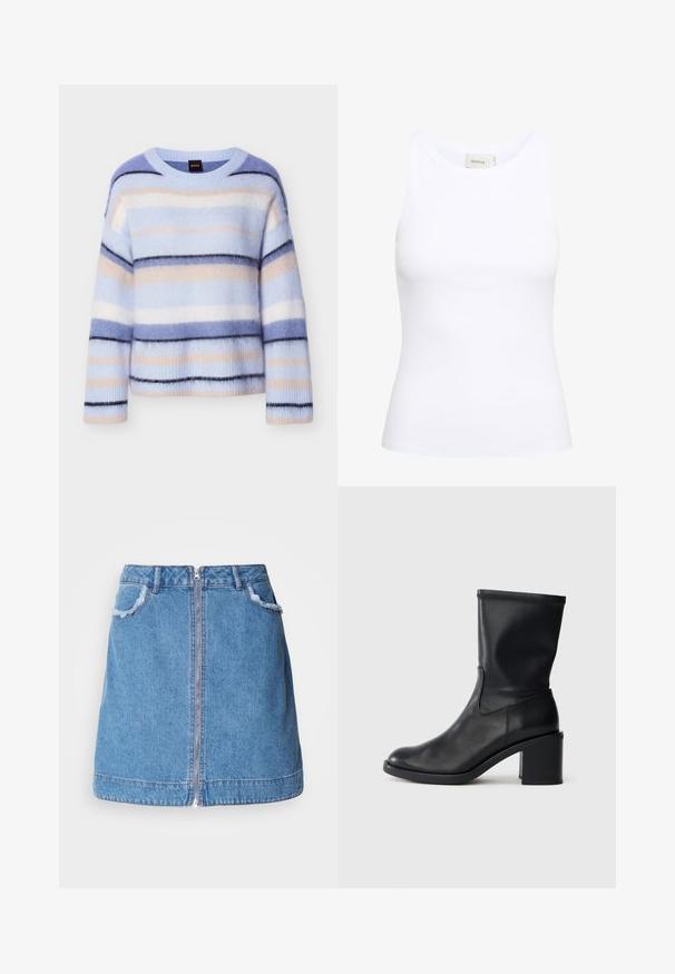 Stribet sweater i lyseblå, sart rosa og marineblå. Blød, fluffy tekstur med rund hals og ribbet kant ved ærmerne. Letvægt og afslappet pasform.; Hvid ribbet tanktop med rund halsudskæring og uden ærmer. Strækbart stof og tætsiddende design. Etiketten bagpå viser "GESTUZ."; Lyseblå denim nederdel med en frontlynlås, flosset kant på lommerne og lige snit design. Kantlinjen er let buet.; Sort læder ankelstøvle med rund tå, glat tekstur og en grov hæl, der har et tætsiddende skaft og subtil syning.